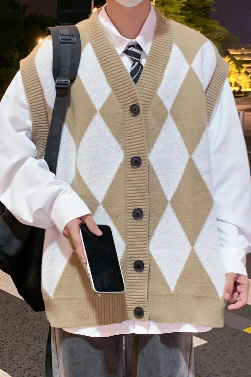 Threebooy Windproof Open Front Button V Neck Vest Waistcoat Men Warm Soft Coat Autumn Winter Top Sleeveless New Basic Casual Knit Cardigan