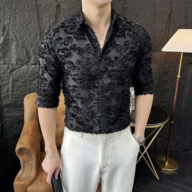 Threebooy  Fashion Lace Hollowed Out Shirt for Men Half Sleeve Sexy Nightclub Shirt Slim Fit Social Party Tuxedo Stage Performance Blouse