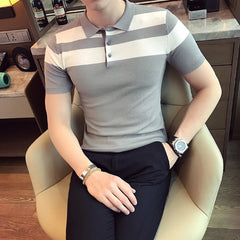 Threebooy  Social Knitting Slim Polo British Style Stripes POLO Shirt Men Summer Short Sleeve Men's POLO Slim Fit Casual Polo Homme