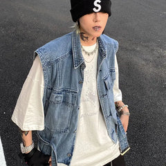 Threebooy Denim Vest Men's Jacket Fashion High Street Harajuku Y2K Sleeveless Tank Top Spring and Autumn Dark Coat