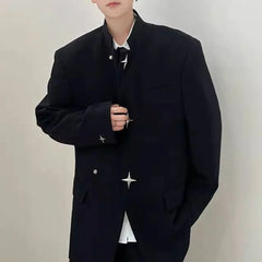 Threebooy  Korean Fashion High-End Solid Color Y2k Suit Jacket Men Spring Autumn Design Metal Button Shoulder Pad Suit Mens Clothing