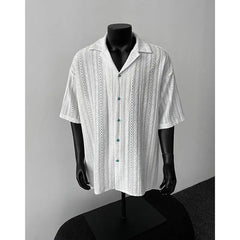 Threebooy  White Hollow Short-sleeved Shirt Men's Summer American Retro Ice Silk Cool Cuban Collar Shirt Fashionable Half-sleeved Urban