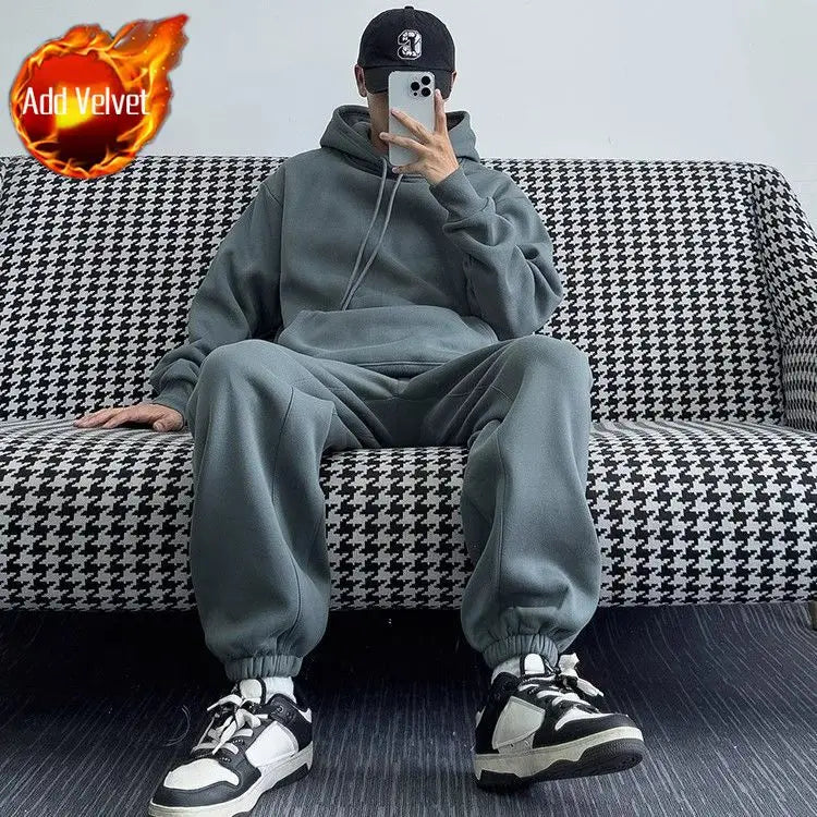 Threebooy  Men Women Gray Hoodie Set Loose Thick Fleece Tracksuit Minimalist Streetwear Unisex Fashion Fall Winter Warm 2 Piece Outfit