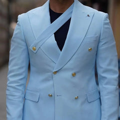 Threebooy  Sky Blue Solid Suits for Men Fashion Peaked Lapel Double Breasted Outfits Smart Casual Wedding Tuxedo 2 Piece (Jacket+Pants)