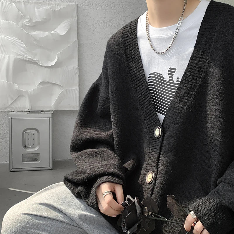 Threebooy Black White Cardigan Sweater Men Warm Fashion Casual Knitted Sweater Coat Men Loose Long-sleeved Sweater Mens Jumper Clothes