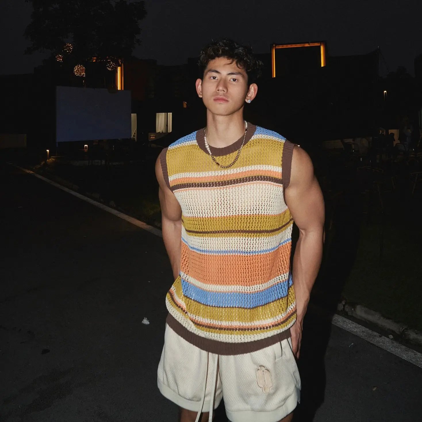 Threebooy  Stripe Contrasting Colors Hollowing Out Knitting Vest Men Casual Tops Loose Summer Niche Handsome Sleeveless All-match Vest