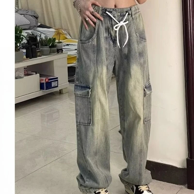 Threebooy  Hip hop American men and women trendy personalized washed drawstring jeans for couples loose straight leg casual pants y2k
