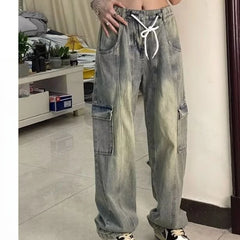Threebooy  Hip hop American men and women trendy personalized washed drawstring jeans for couples loose straight leg casual pants y2k