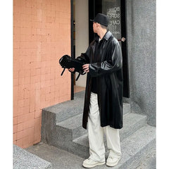 Threebooy 2025 Spring Pu Leather Jacket Men's Mid-length American Retro Long Jacket Lapel Button Coat Trendy Cityboy Windbreaker