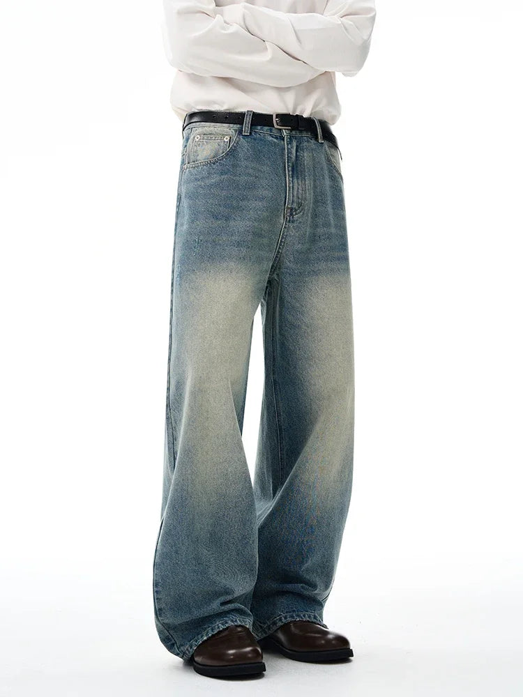 Threebooy 2025 Autumn Men's Wide-leg Jeans Comfortable Loose Casual Straight Trousers American Classic Retro Wash Cotton Denim Pants