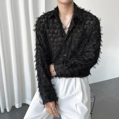 Threebooy Men's Autumn Tassel Feather See-Through Sexy Shirt New Trendy Nightclub Style Loose Lapel Long-Sleeved Simple Solid Shirt