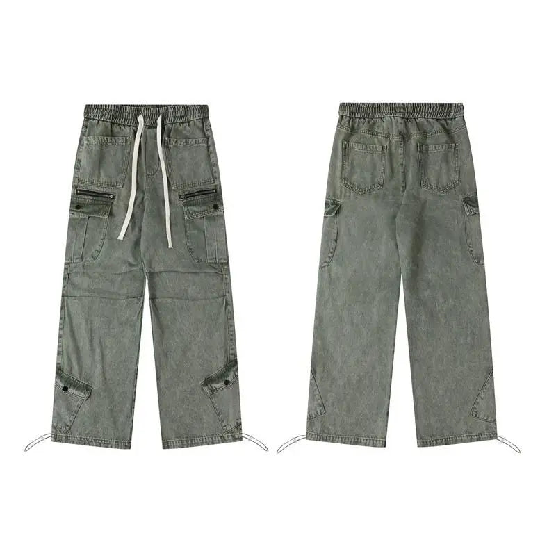 Threebooy Hip hop retro high street men and women trendy personalized washed workwear jeans for couples loose straight leg casual pants