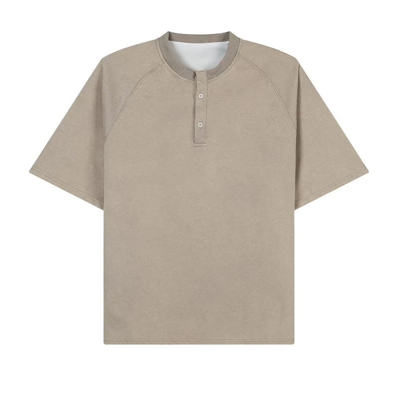 Threebooy  Cotton Breathable Buttoned Crew Neck Tshirt men Casual Comfort Lightweight Fashion Tee Top Basic Menswear Classic Plain tShirt