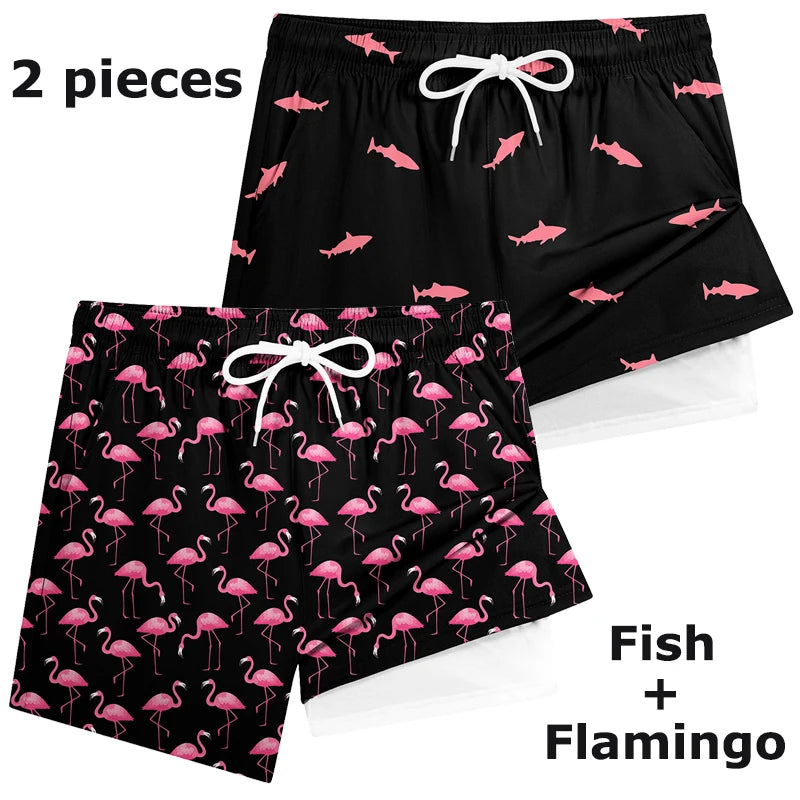 Threebooy  3D Print 2 in 1 Mens Swim Trunks Summer Quick Dry Beach Shorts with Phone Pocket Swimwear Swimsuit Bathing Suit  Board Shorts