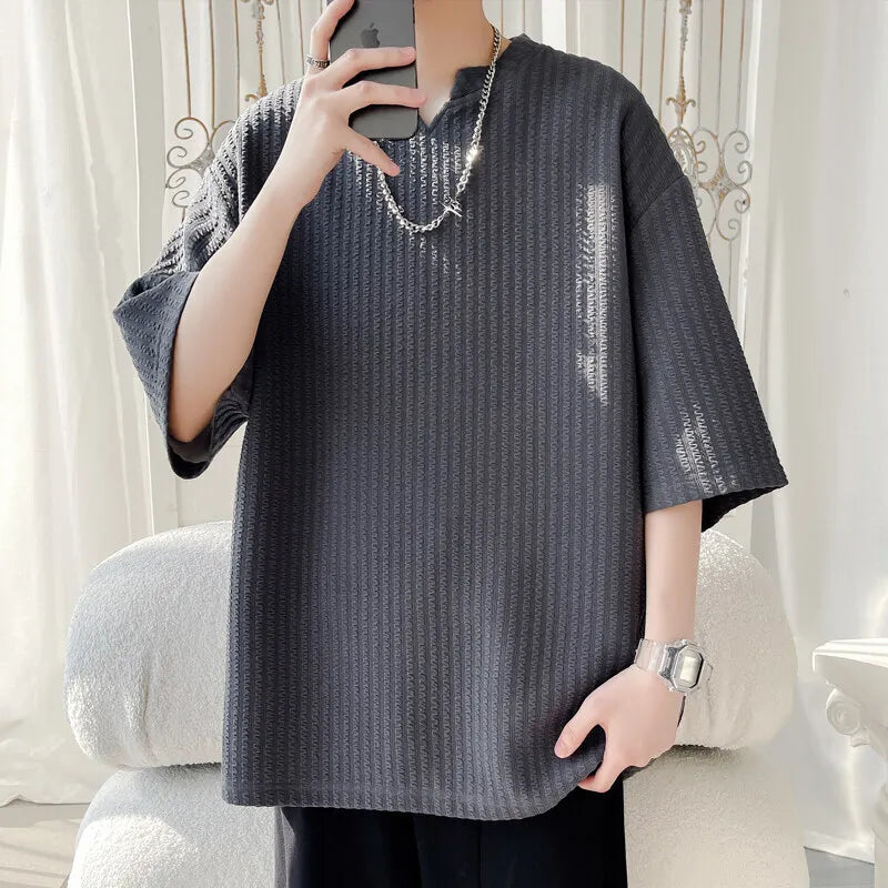Threebooy  Summer Short Sleeved T-shirt Men Casual Pleated T Shirt Men Streetwear Hip-hop Loose Striped T Shirt Mens Top Large Size 5XL