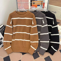 Threebooy  Autumn Striped Knitted Round Neck Sweaters For Man High Street Fashion Pullovers Knitwear Y2K Vintage Long Sleeve Pull Homme