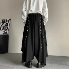 Threebooy Mens Gothic Rope Belt Decorated Irregular Skirt Pants Genderless Fashion Japanese Style Niche Dark Samurai Pants Hakama Unisex