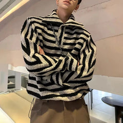 Threebooy Autumn And Winter Striped Color-Blocked Sweater Lazy Style Short Lapel Sweatshirt Unisex Loose Casual Long-Sleeved Top