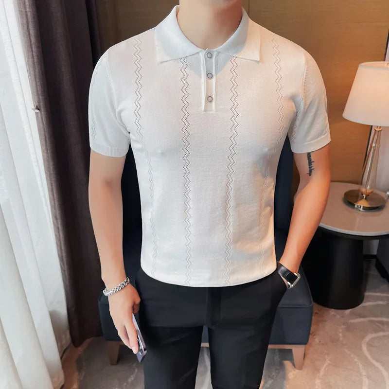 Threebooy Light Luxury High-end Knitted POLO Shirt Men's Summer Casual Polo Shirt Korean Fashion Short Sleeve T-shirt Men's Luxury Top 4XL