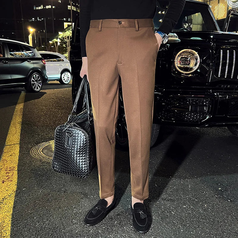 Threebooy Autumn Winter Suit Pants Men Thick Business Elastic Waist Classic Grey Brown Woolen Straight Korean Formal Trousers Male 29-35