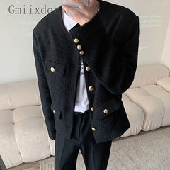 Threebooy Korean Style Fashionable Tweed Round Neck Jacket Men Japanese Trendy High-end Single-breasted Short Jacket with Temperament