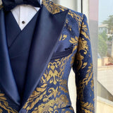 Threebooy Floral Suits for Men Slim Fit Jacquard Wedding Tuxedo Navy Blue and Gold Gentleman Jacket with Vest Pant 3 Pcs 2024