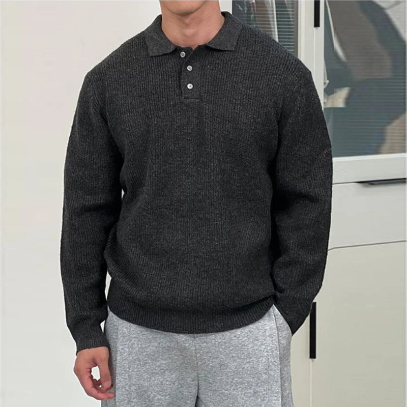 Threebooy  New British Retro Men Polo Neck Sweater Light Luxury Knit Loose Long Sleeve Pullover Casual Solid Color Premium Knitwear M-3XL