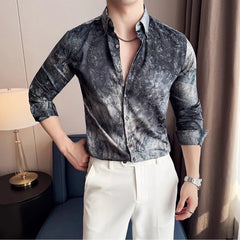 Threebooy  Brand Tie Dye Long Sleeved Shirt for Men Summer Slim Fit Casual Business Dress Shirts Fashion Office Social Streetwear Shirt