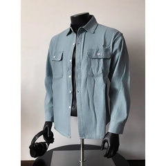 Threebooy Men Long Sleeve Denim Shirt Spring Casual Workwear Stylish Stretch Cotton Comfort Fit Chest Pocket Outdoor Daily Wear Trendy Men