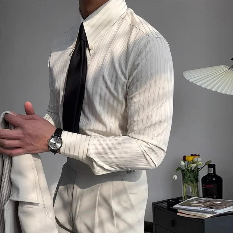 Threebooy  New Italy Business Men Shirts Light Luxury Textured Peaked Lapel Striped Long Sleeve Cardigan Leisure High Quality Blouse M-2XL