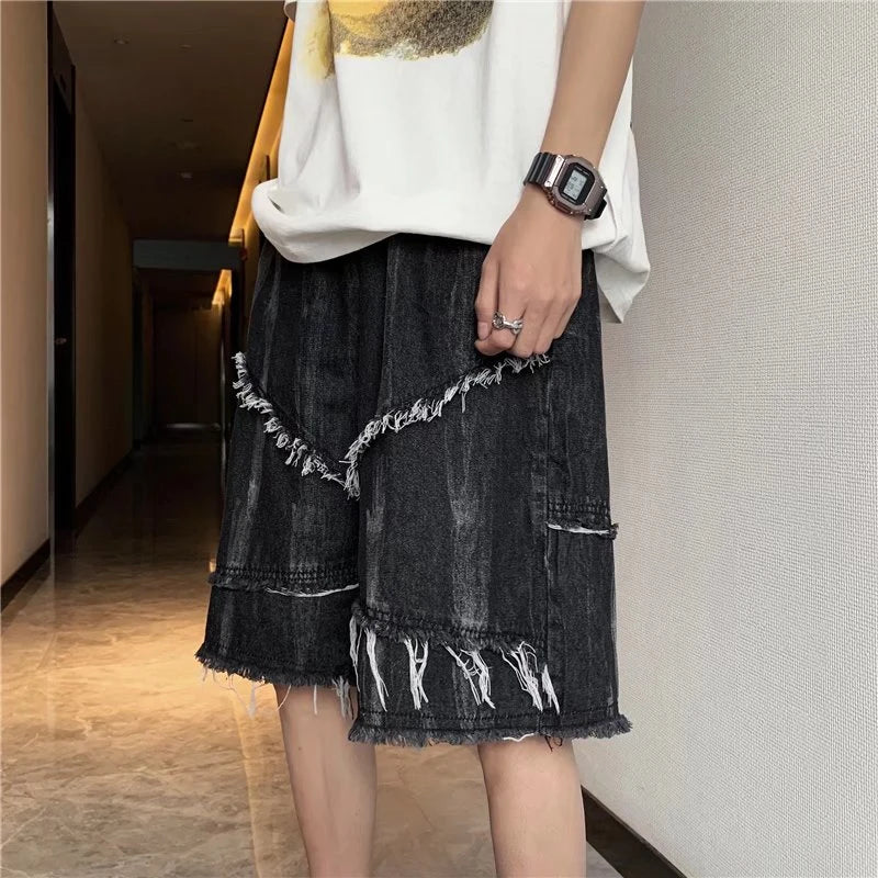 Threebooy Summer Men's Fashion Tie-dye Casual Jeans Shorts Male Loose Knee Length Denim Short Pants Men New Straight Shorts F78