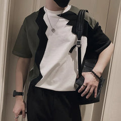 Threebooy  Korean Fashion Spliced Round Neck T-shirt Summer Short Sleeve Hollow Casual T-shirt Streetwear Harajuku Hip Hop Tee Tops