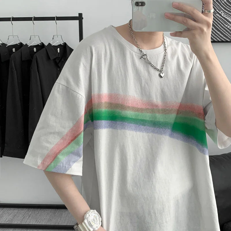 Threebooy Summer Men's Rainbow Printing T Shirts Short Sleeve Round Neck T-shirt Cotton Black/white Color Tshirts Big Size M-5XL