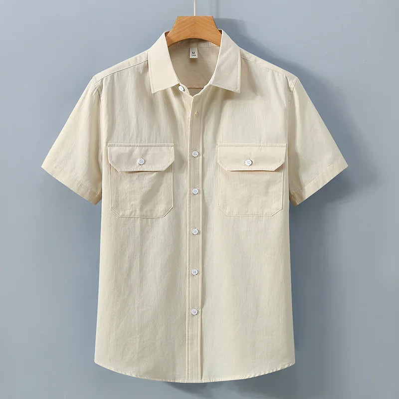 Threebooy  Men's Cotton Short Sleeve Casual Shirt Fashion Double Pocket Single Breasted Summer Beach Shirt Lightweight Breathable Blouse