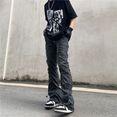 Threebooy New Black Wrinkle Pants Man Harajuku Punk Men's Streetwear Hip Hop Fashion Clothing Casual Tactical Trousers Y2k Goth Flared