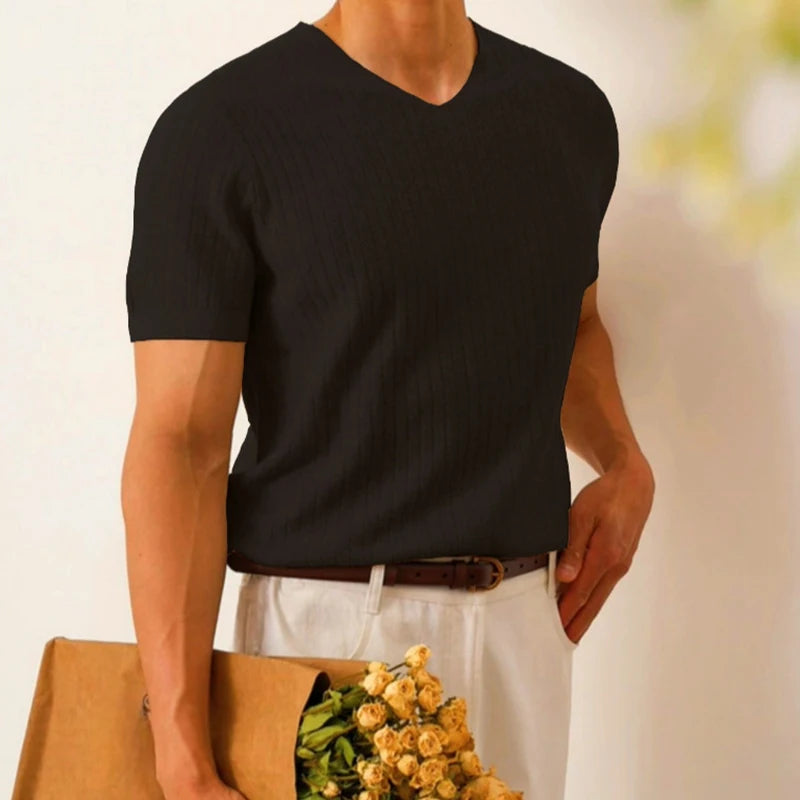 Threebooy  New Korean Fashion Men T-shirt Light Luxury Knitted Breathable V Neck Tees Casual Trendy Striped Slim Short Sleeve Basic Tops