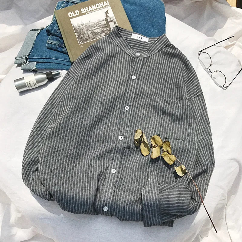 Threebooy Stylish Striped Long Sleeve Men's Shirt Korean Trendy Loose-fit Lining Summer Sun Protection Clothes Hong Kong Style Jacket