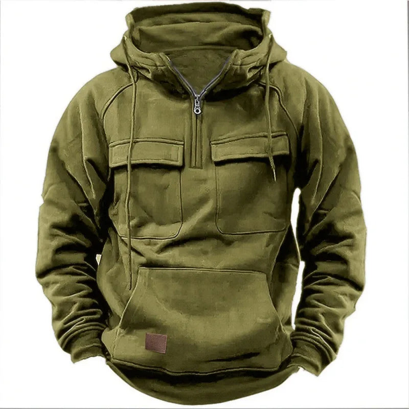 Threebooy Spring Autumn New Men's Hooded Solid Color Sweatshirt Multi Pocket Leather Patch Sports Coat