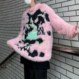 Threebooy Mens Y2k American Street Pink Graffiti Knitted Sweater Genderless Autumn Winter Fashion Casual Lazy Style Plush Top Unisex