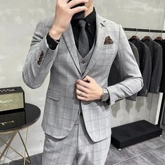 Threebooy  Mens 2 Piece Set Suits One Button Slim Fit Luxury Style Wedding Youth Business Casual Formal Plaid
