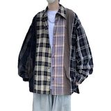 Threebooy Autumn Long Sleeve Shirts Men's Fashion Retro Plaid Shirts Mens Japanese Streetwear Contrast Color Loose Casual Shirts Men M-2XL