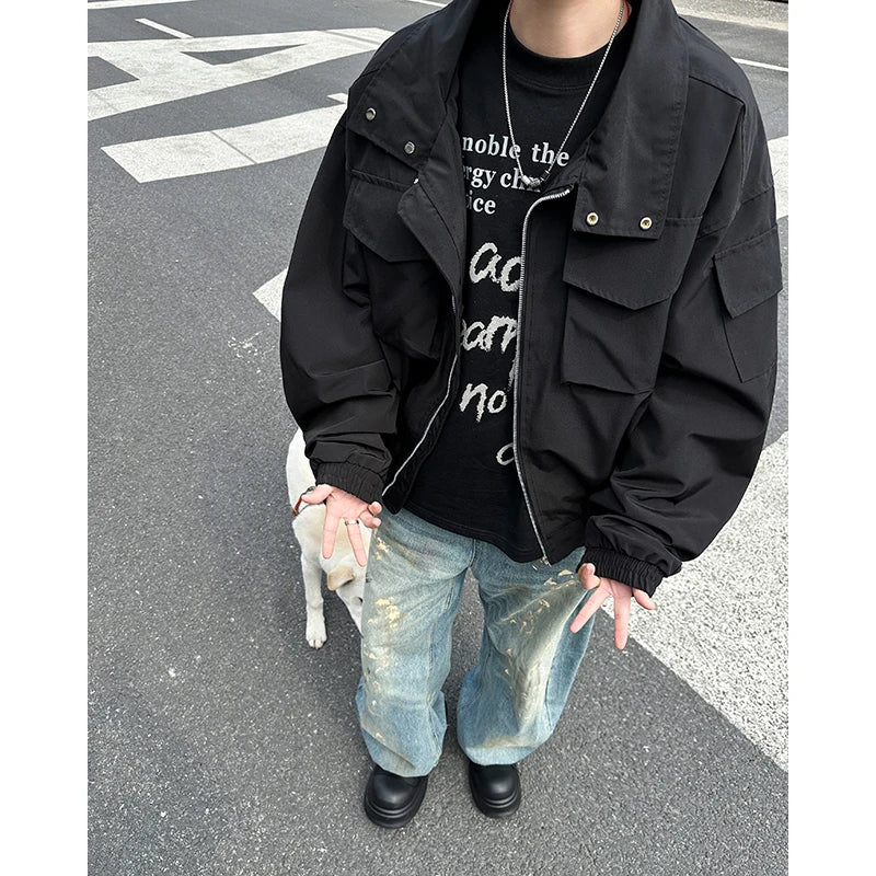 Threebooy Outdoor Work Jacket Men's Spring Autumn American Retro Zipper Coat Silhouette Bomber Handsome High Street Flying Work Jacket
