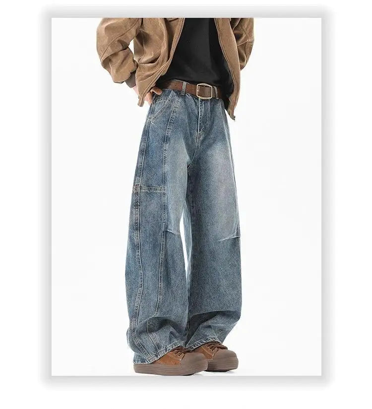 Threebooy Hip hop personality trend men and women straight leg washed jeans American couple loose retro curved knife casual pants y2k