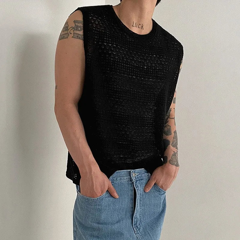 Threebooy New Men Casual Hollow Out Tank Tops Leisure Splicing Solid Color Sleeveless Tees Fashion Streetwear Fitness Stretch Knitted Vest