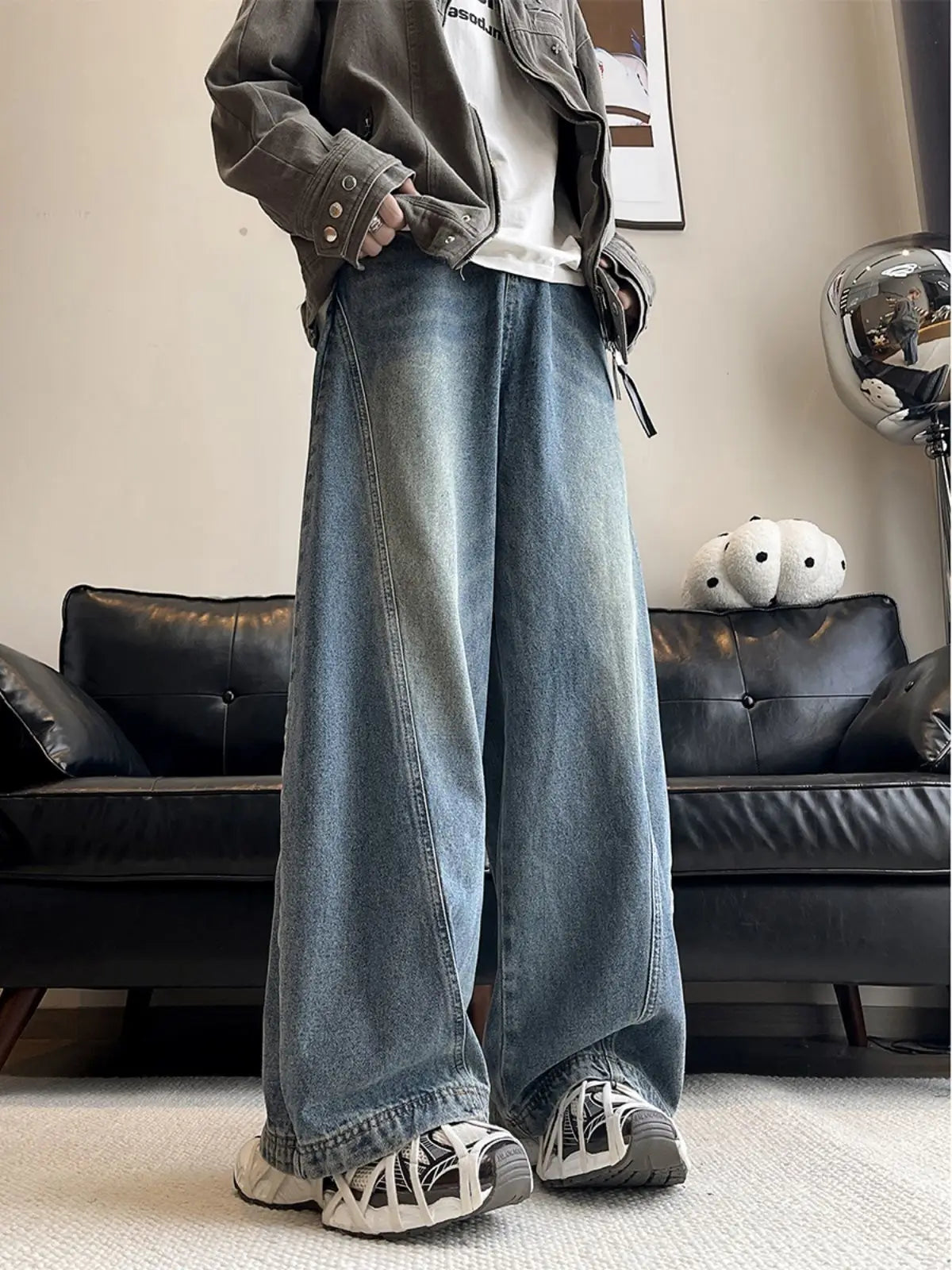 Threebooy American style personality trend men and women straight leg spring and autumn washed jeans couple loose retro casual pants y2k