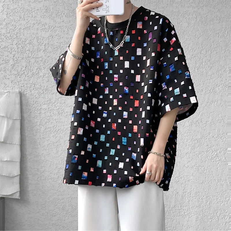 Threebooy  Summer Short Sleeved T-shirt Men Fashion Oversized Plaid T Shirt Men Streetwear Hip Hop Loose Hollow Out Tshirt Mens Large Size