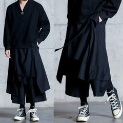 Threebooy  Mens Y2k Culottes Double Layer Samurai Pants Hakama Spring Streetwear Fashion Trend Gothic Casual Pants Men'S Clothing New