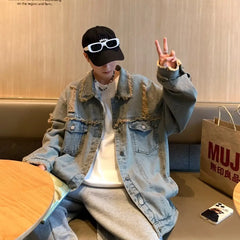 Threebooy  Men's Ripped Denim Jacket Autumn American Retro Washed Hip Hop Streetwear Cool Trendy Loose Casual Jacket Button Up Jeans Coat