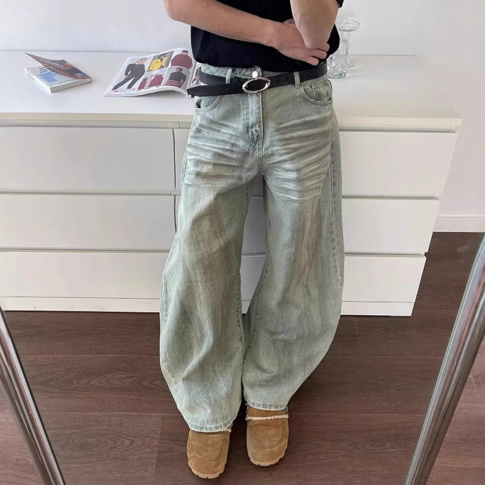 Threebooy  Summer New Men's Solid Color Korean Jeans Y2k Harajuku Retro Casual Fashion Trend Street Hip-hop Simple Loose Men's Bottoms