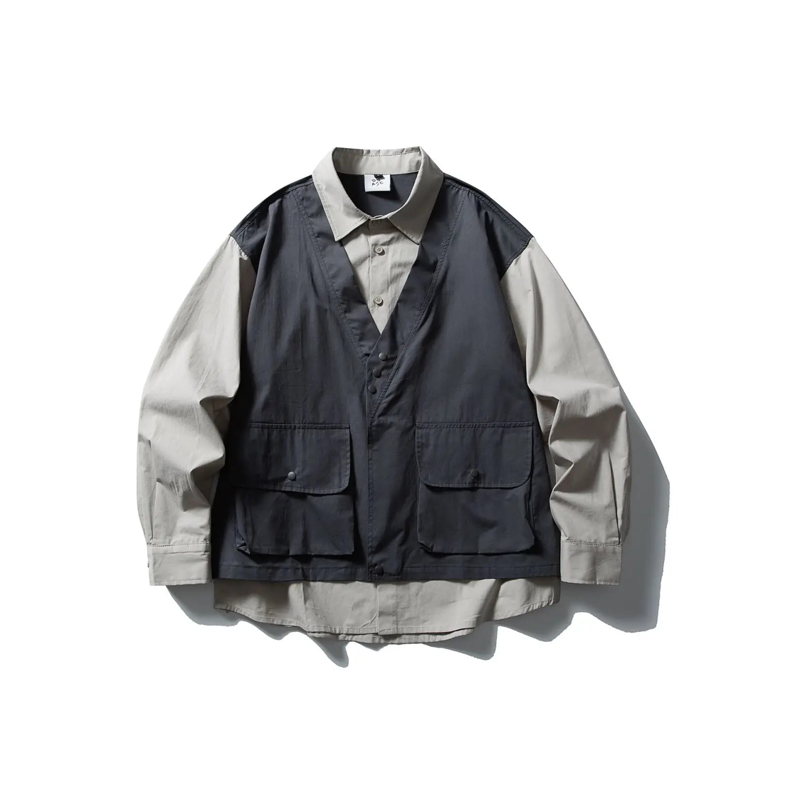 Threebooy  Japanese Style Dressing Retro Fake Two-piece Vest Long-sleeved Work Shirt American Fashion Men Casual Loose Shirt Trendy Jacket